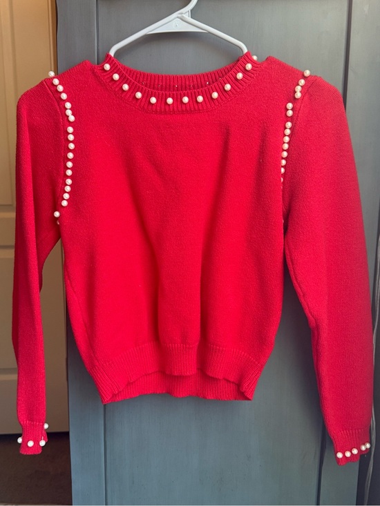 So Me Sweaters - So Me Red Pearl-Trim Crewneck Sweater